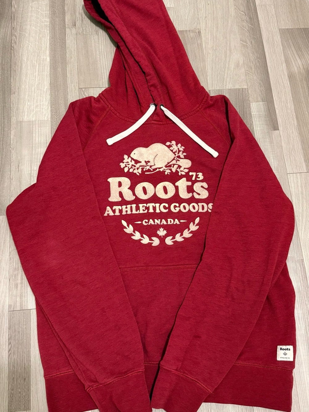 Roots Men's Crewneck Hoodie in Red with Cream Logo